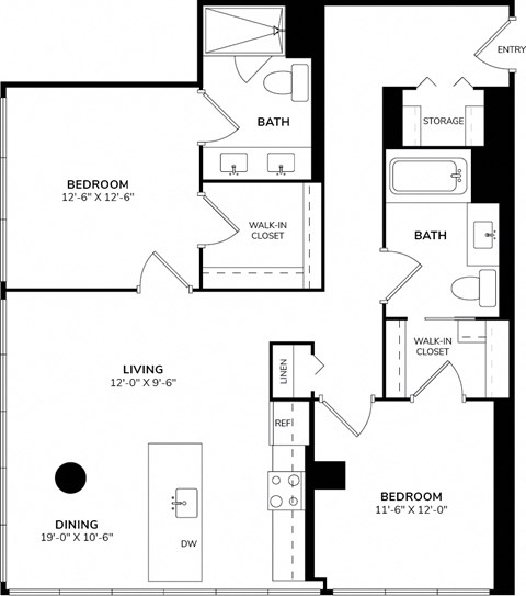 Floor plan for 2 beds, 2 baths, 1180 sqft